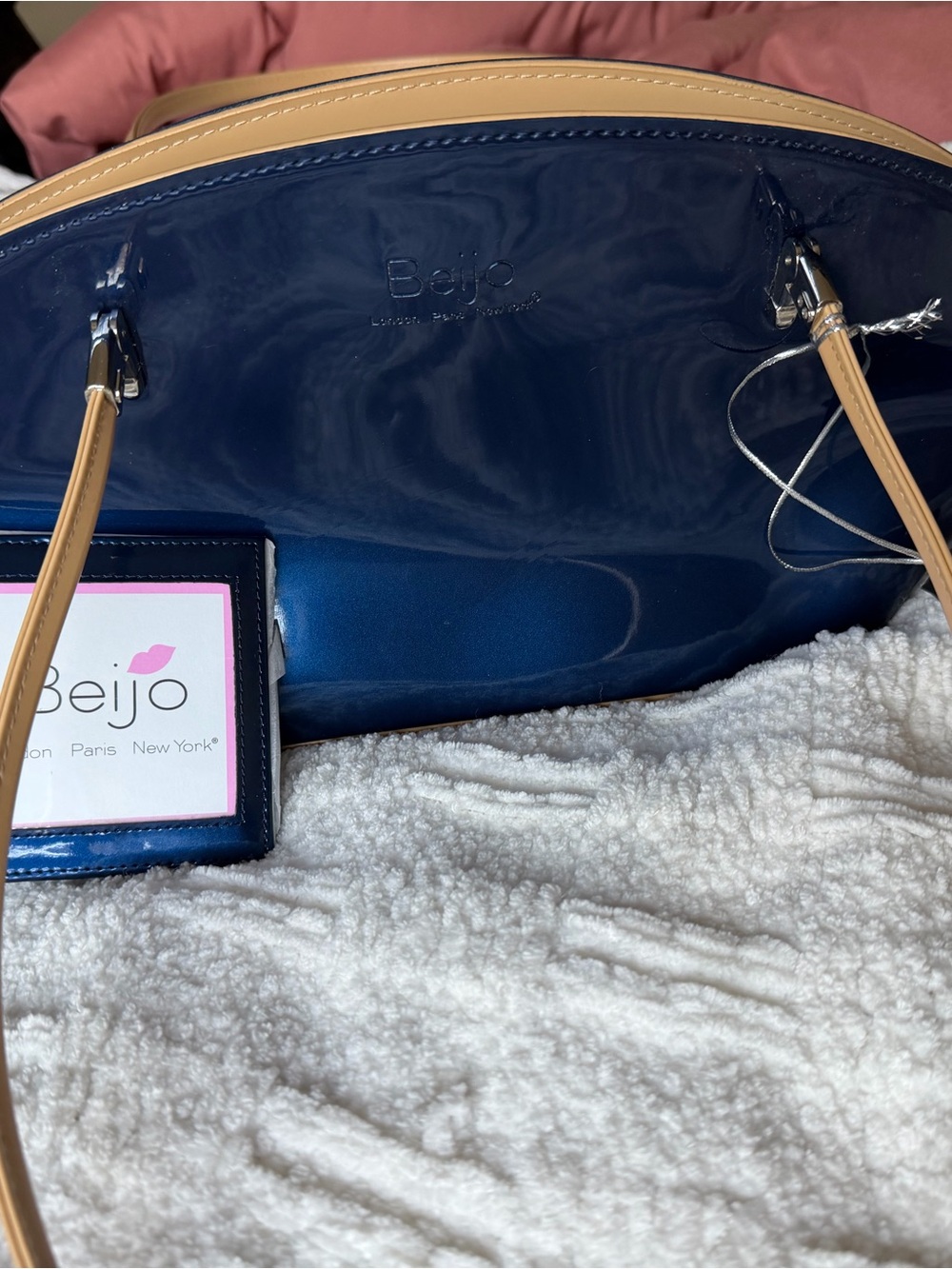 Beijo Navy Patent Dome Tote with Tan Handles
